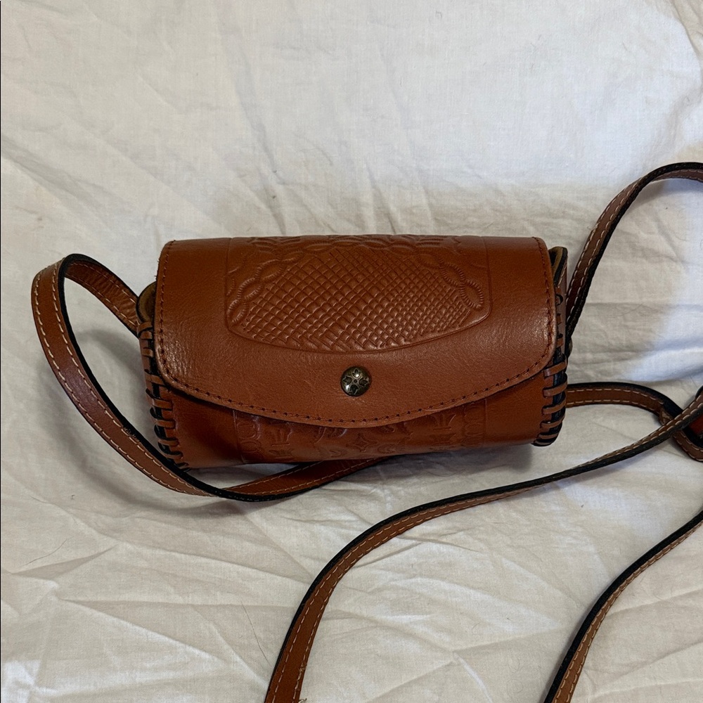 Patricia Nash embossed barrel Elegant Brown Leather Crossbody Bag